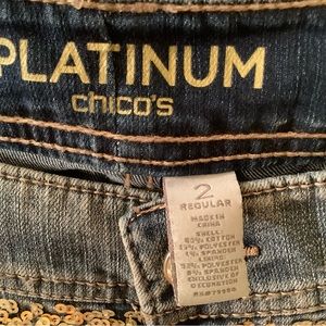 Chico Platinum Blue Jeans with gold tone sequins size 2, crystal button